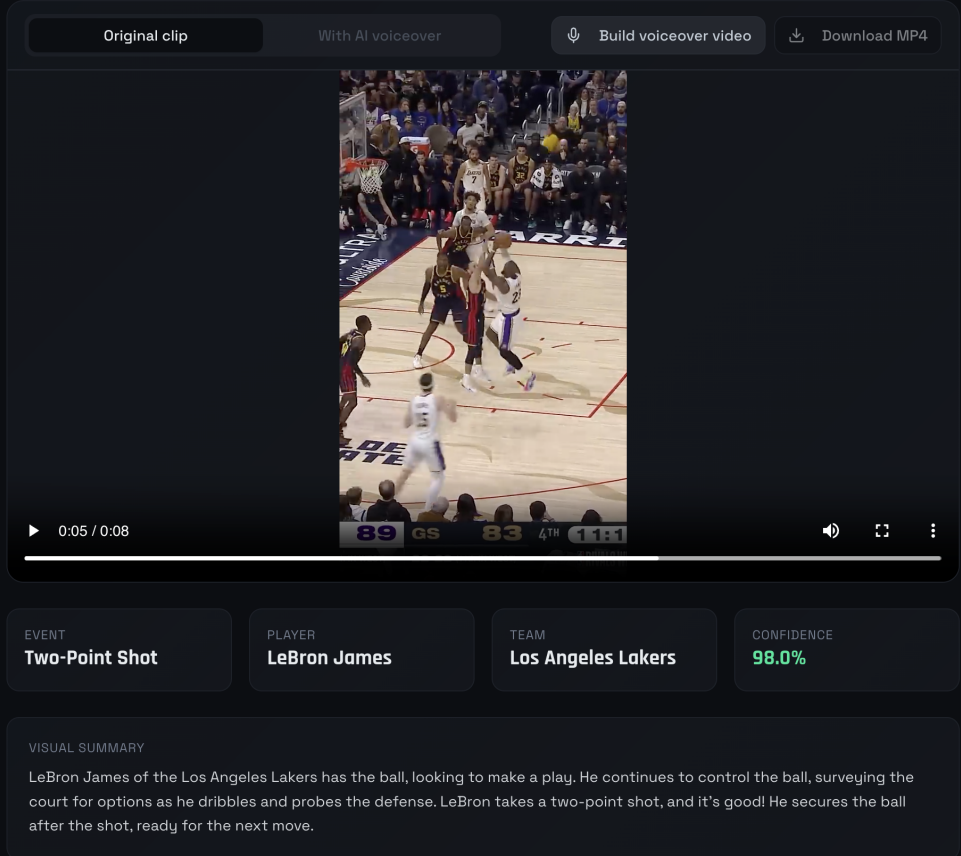 Vision2Voice: live NBA clip with event detection and visual summary
