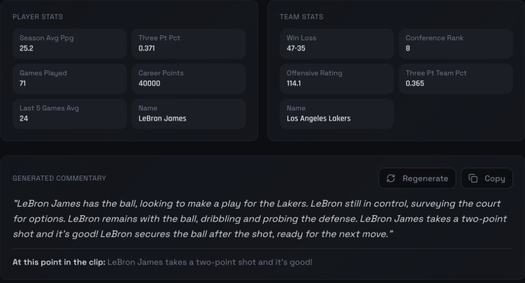 Vision2Voice: player and team stats with generated commentary